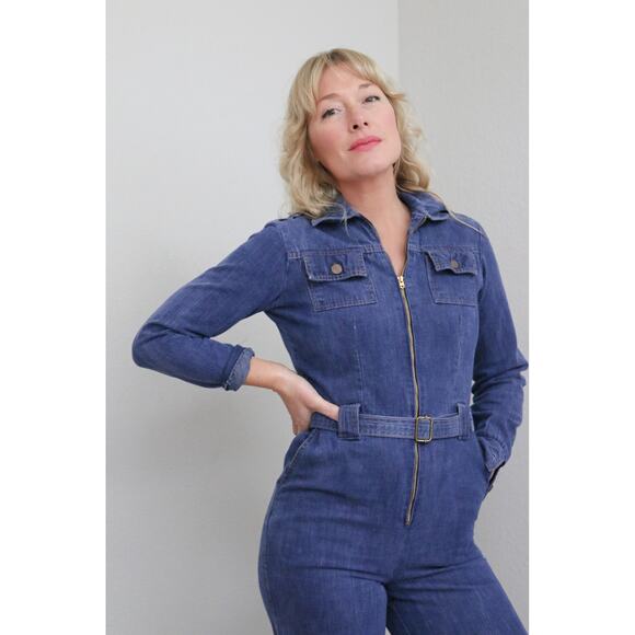 1970's Vintage Zip Up Denim Jumpsuit ~ Women's XS SM ~ Zip Up Front Wide Leg - Picture 3 of 10